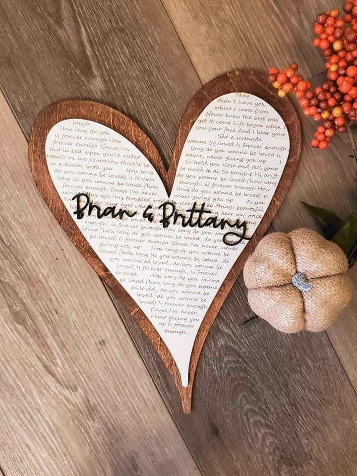 Custom Wedding Song Lyrics Wood Heart Sign – Personalized 3D Name Overlay – Romantic Anniversary Gift