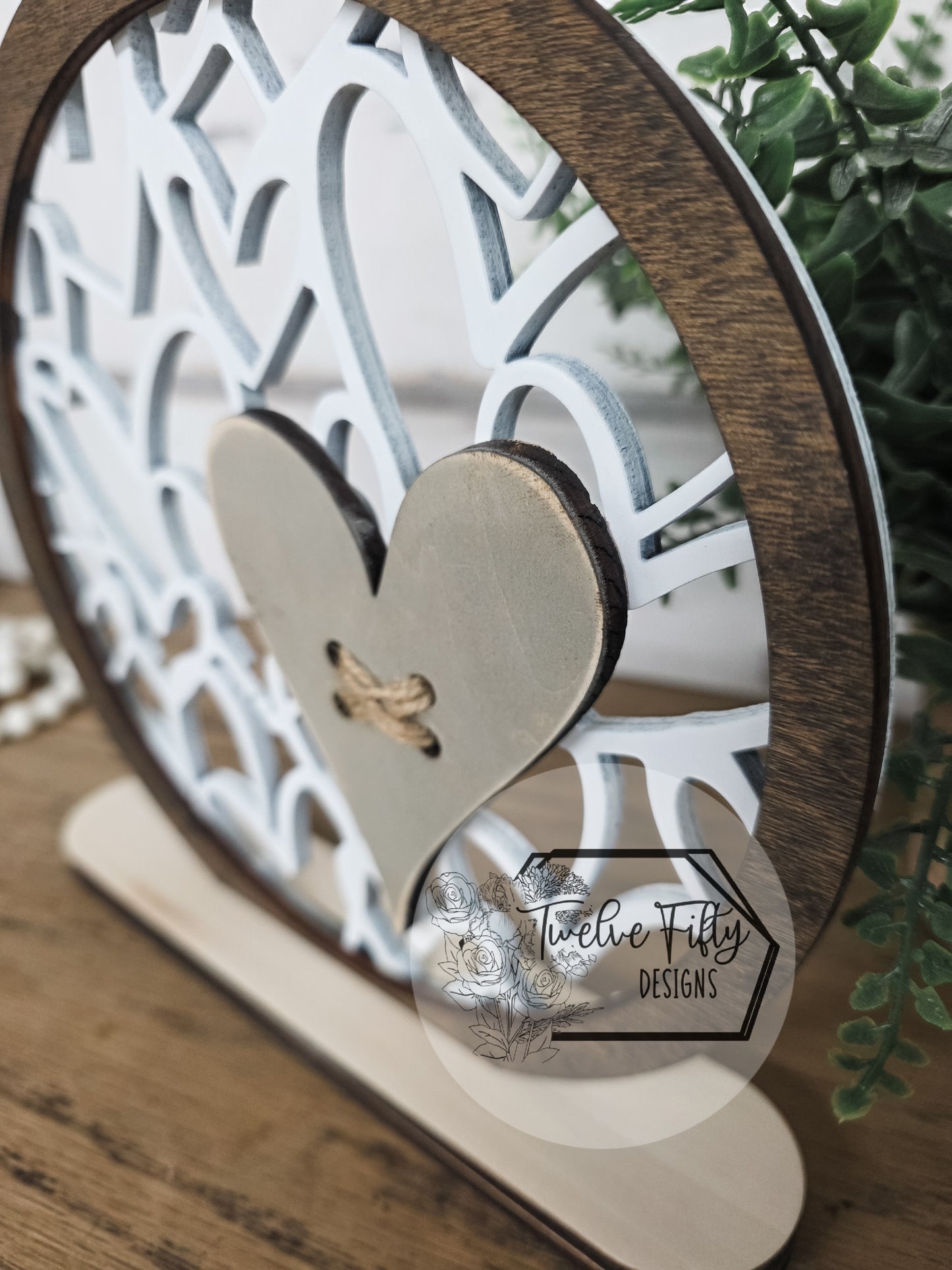 Rustic Layered Heart Circle Sign – 8" Freestanding Decor