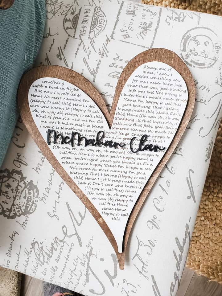 Custom Wedding Song Lyrics Wood Heart Sign – Personalized 3D Name Overlay – Romantic Anniversary Gift