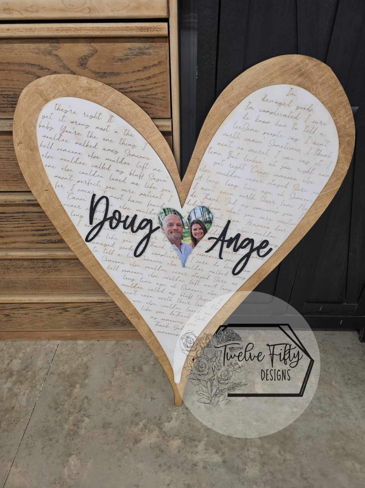 Custom Wedding Song Lyrics Wood Heart Sign – Personalized 3D Name Overlay – Romantic Anniversary Gift