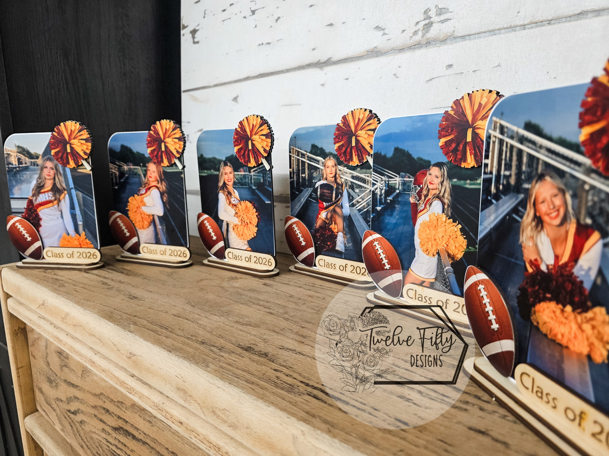 Six personalized Senior Night cheer photo plaques displayed together
