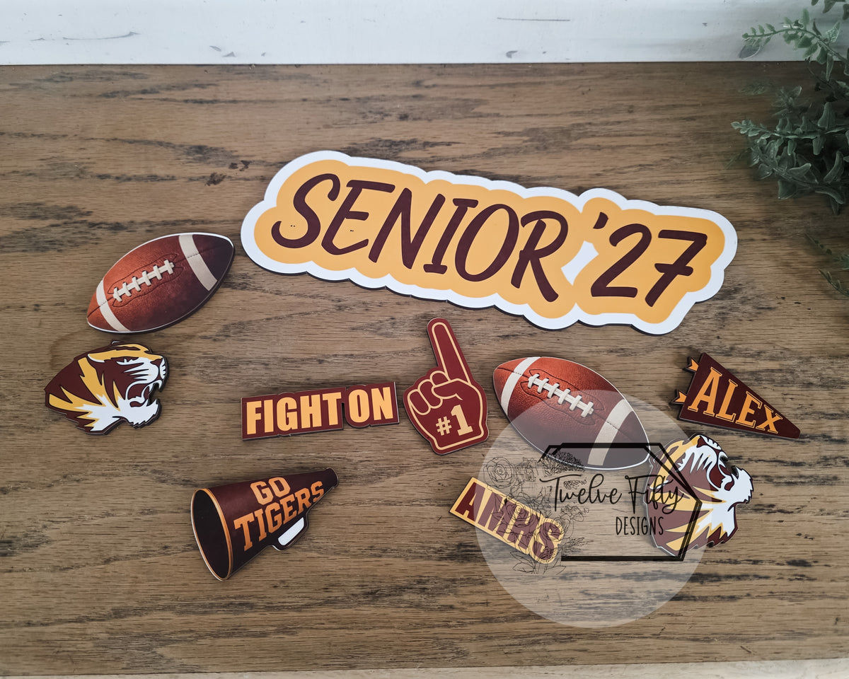 Basic custom football senior night hardboard decorating kit shown in Alexandria Tigers colors