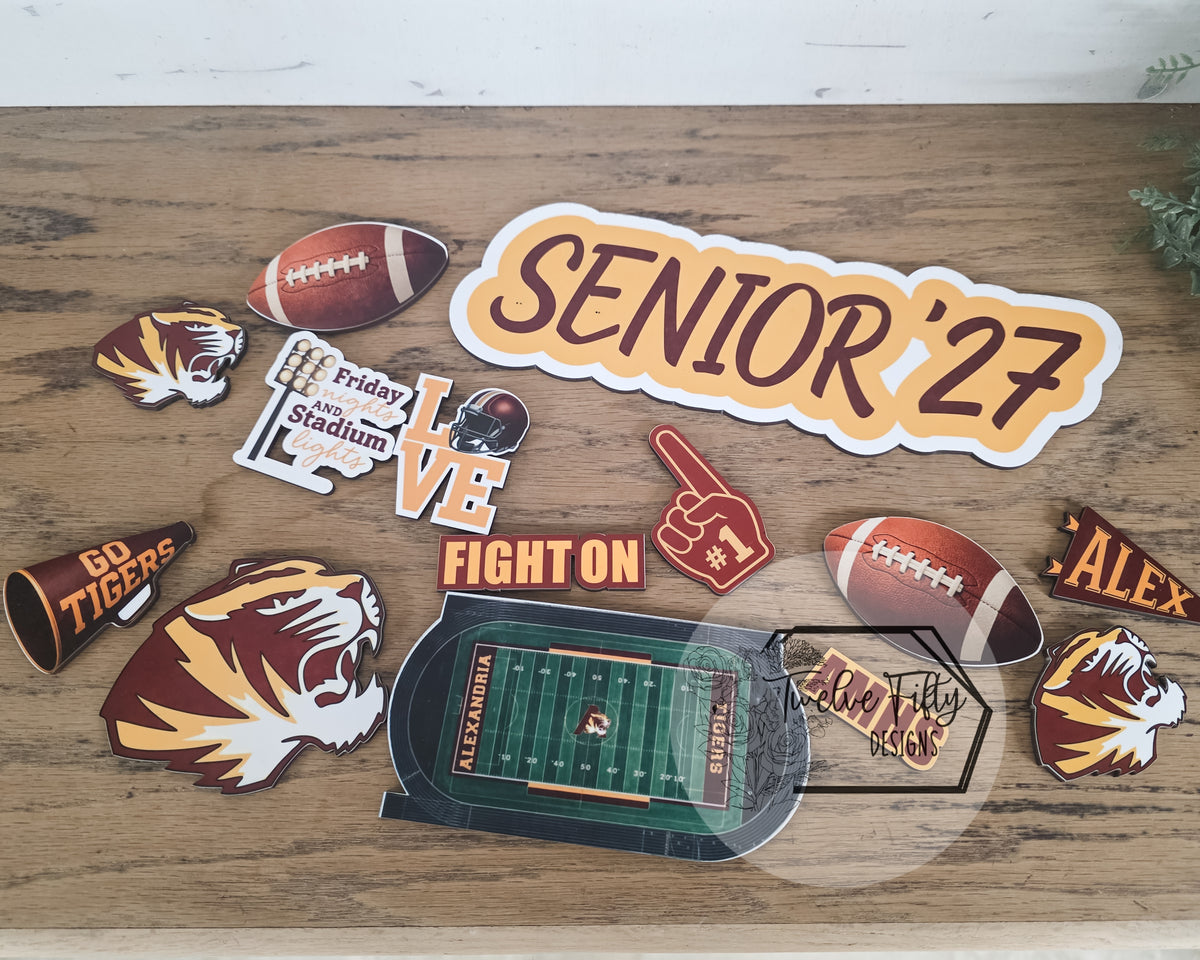 Deluxe custom football senior night hardboard decorating kit shown in Alexandria Tigers colors