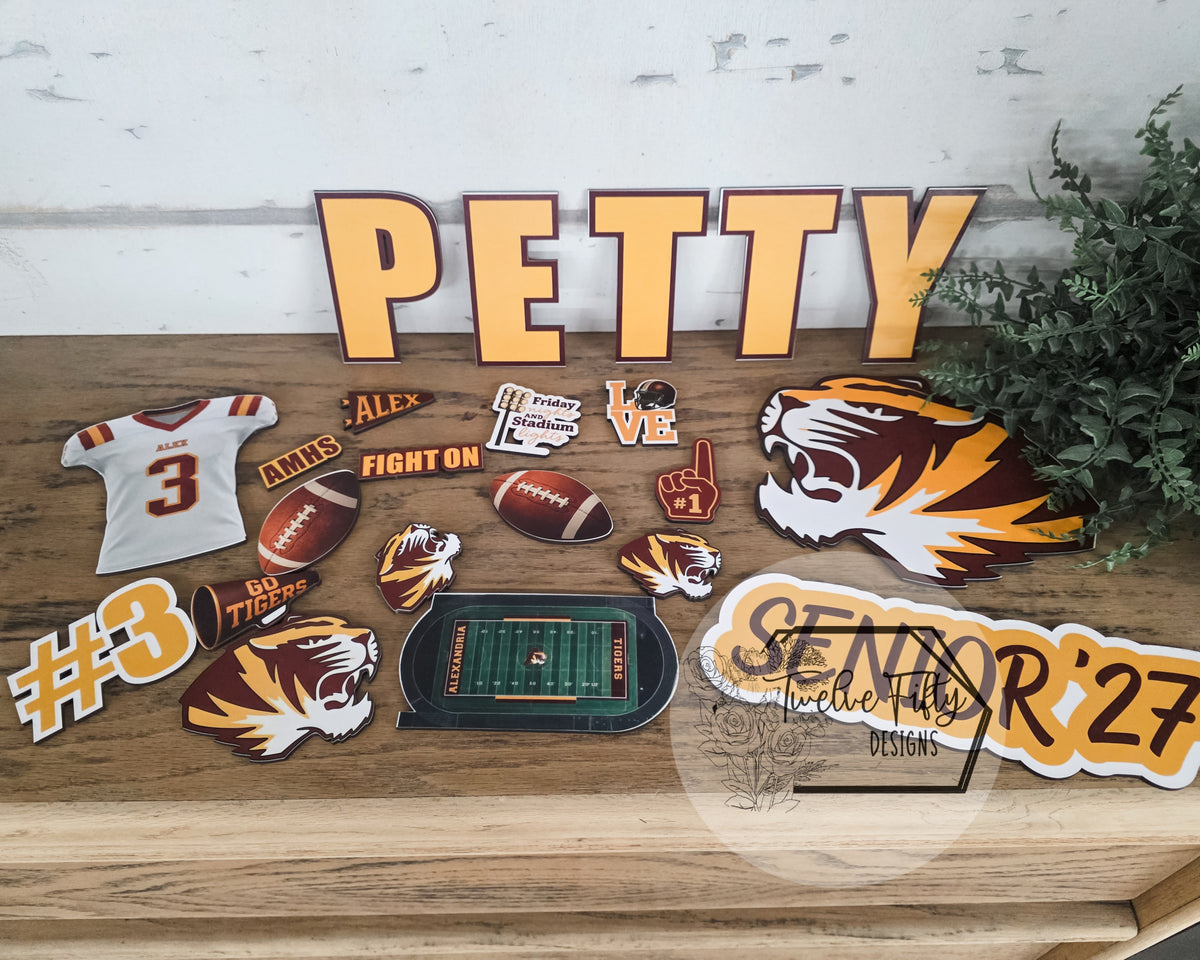 Personalized football senior night hardboard decorating kit with custom last name, jersey, and number
