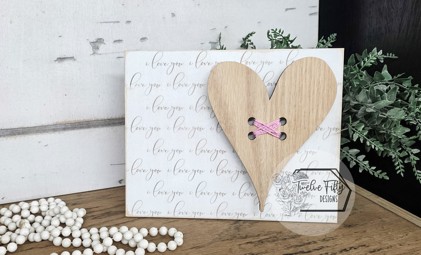 "I Love You" 8x10 Wood Block Sign | 3D Stitched Heart Wall Art