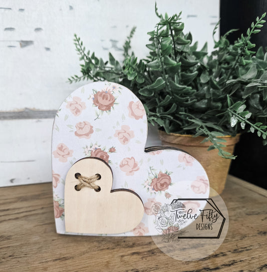 Floral Heart Shelf Sitter - 6" Rustic Wood Decor