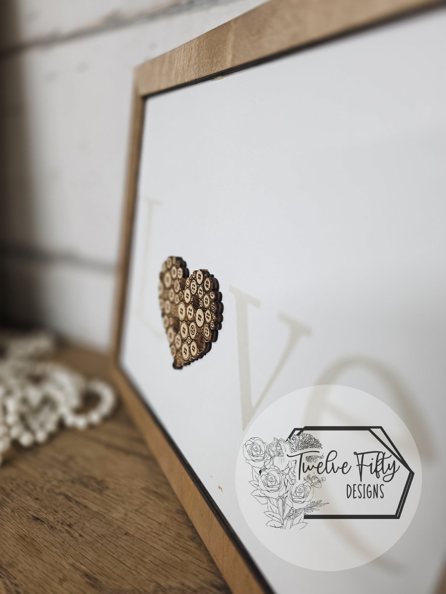 Love Canvas with Button Heart - 11x14" Faux Wood Frame