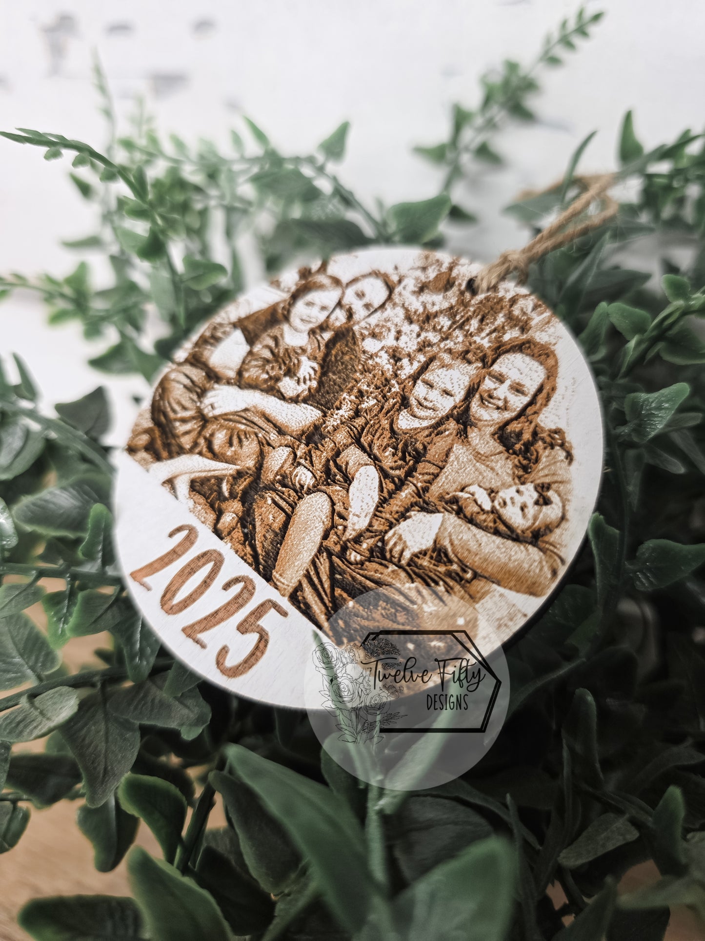 Custom Photo Engraved Wooden Ornament – Personalized Yearly Family Keepsake – 3" Round Christmas Heirloom – TwelveFiftyDesigns
