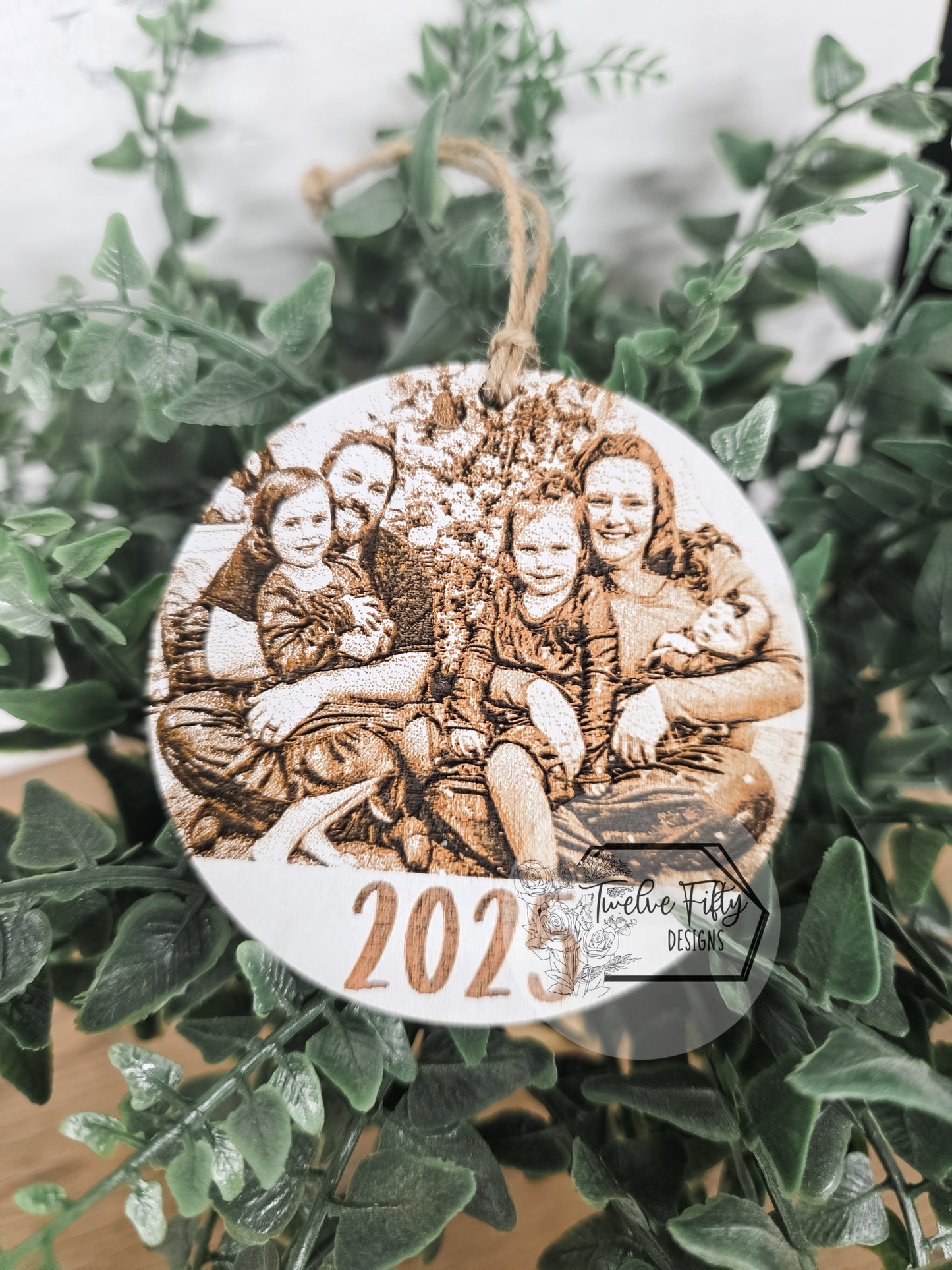 Custom Photo Engraved Wooden Ornament – Personalized Yearly Family Keepsake – 3" Round Christmas Heirloom – TwelveFiftyDesigns